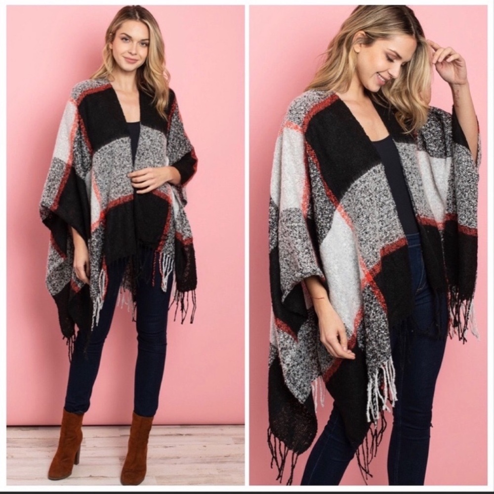NEW‼️BLACK ORANGE CHECKERED PONCHO- poncho - Picture 1 of 2